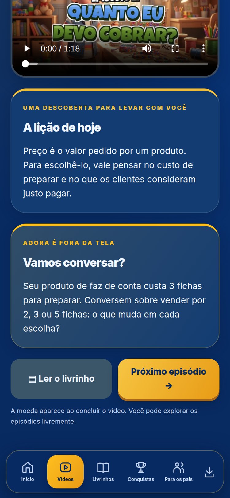 Tela real do aplicativo: lição e atividade do episódio