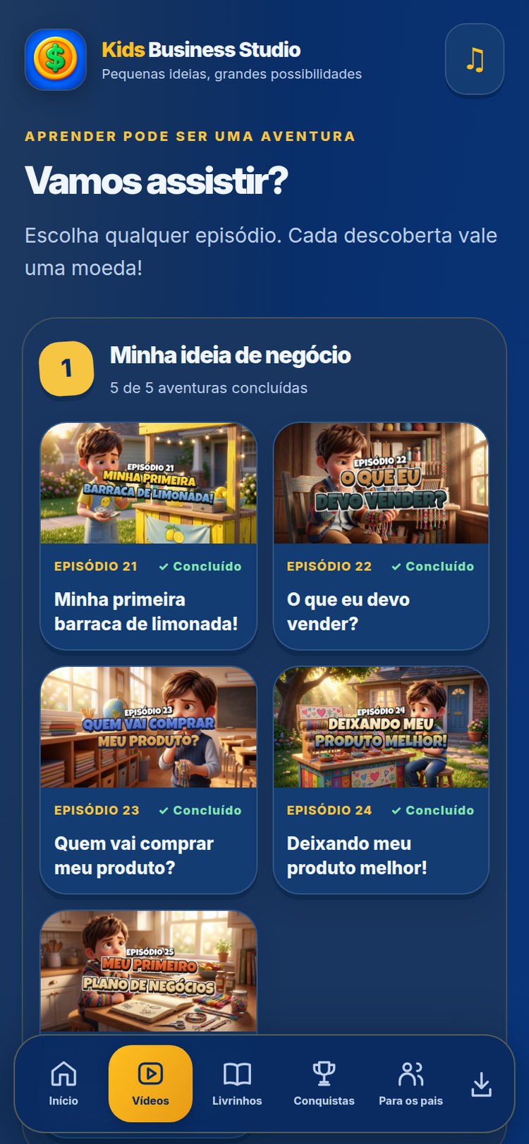 Tela real do aplicativo: lista de episódios por bloco